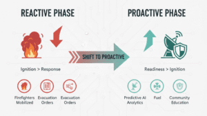 Infographic showing sshifts in cycle of reactive management of wildfire to proactive activities